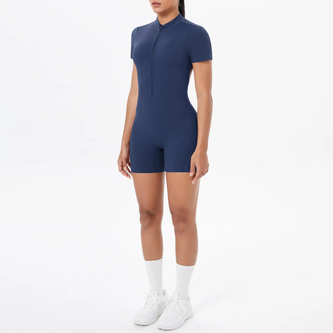 Short Sleeve Backless Zip Romper