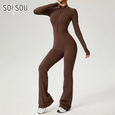 Zip Front Long Sleeve Flare Jumpsuit