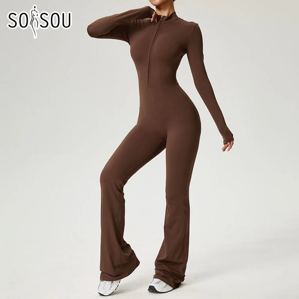 Zip Front Long Sleeve Flare Jumpsuit