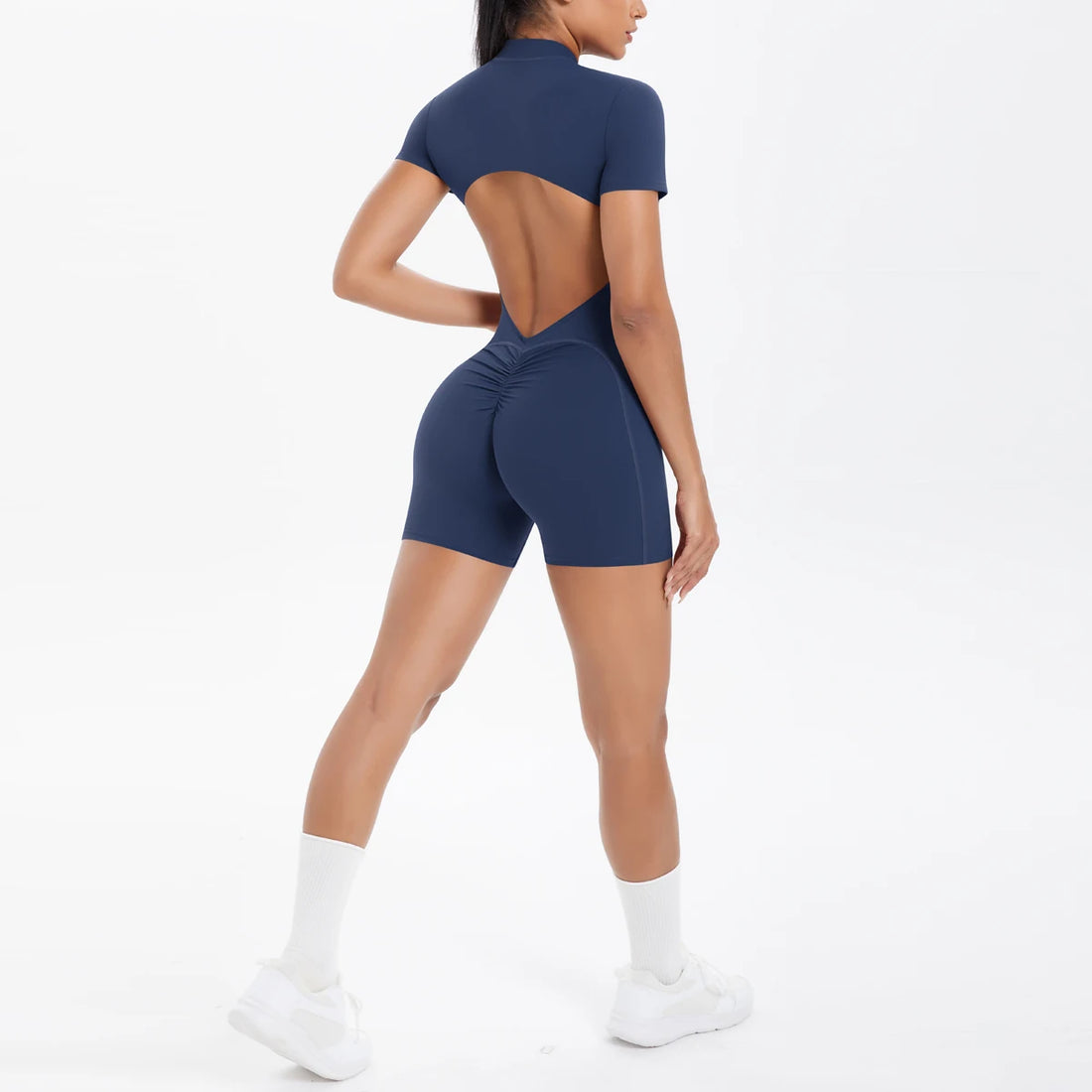 Short Sleeve Backless Zip Romper