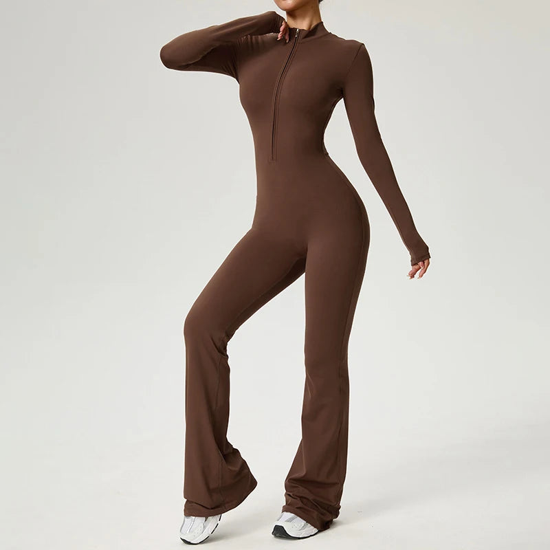 Zip Front Long Sleeve Flare Jumpsuit