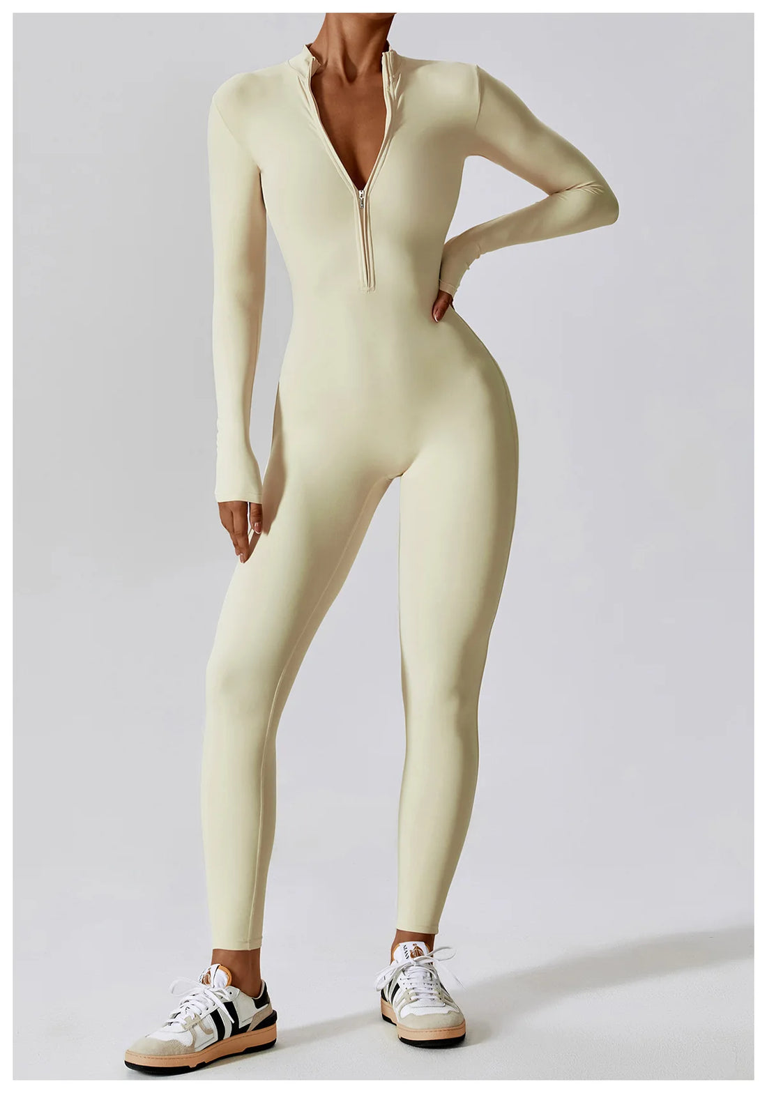 Ribbed Zip Long Sleeve Jumpsuit