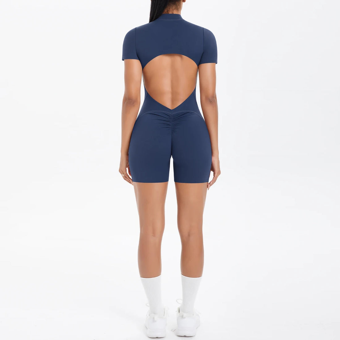 Short Sleeve Backless Zip Romper