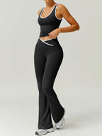 Conjunto de Colete Esportivo Casual + Calça Flare | Look Slim Fit para Yoga | Design com Detalhes Contrastantes | Conjunto Fitness Outono | Terno Casual com Gola Quadrada