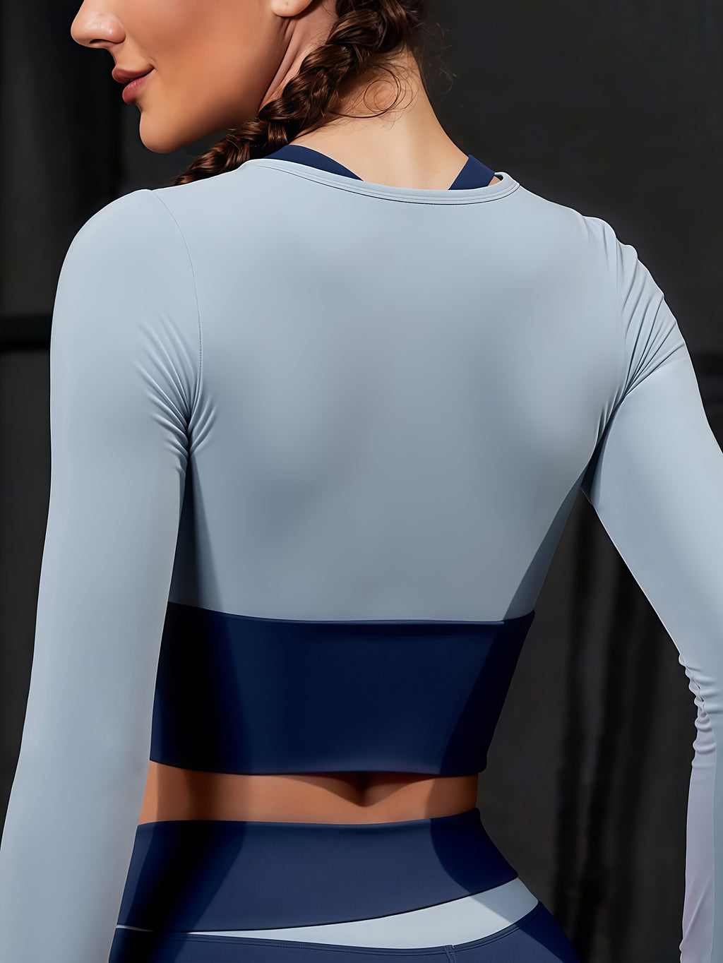 2 peças Conjunto esportivo feminino com design colorblock, mangas compridas e sutiã embutido + leggings combináveis - Ideal para ciclismo, fitness, yoga e corrida