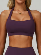 Conjunto de Roupa Esportiva de Yoga com Top Halter e Shorts Justos de Cintura Alta, 2 peças, Roupa de Treino de Fitness para Corrida e Ciclismo de Verão Feminina, Roupa de Ginástica Confortável Nude