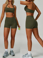 Conjunto de Roupa Esportiva de Yoga com Top Halter e Shorts Justos de Cintura Alta, 2 peças, Roupa de Treino de Fitness para Corrida e Ciclismo de Verão Feminina, Roupa de Ginástica Confortável Nude