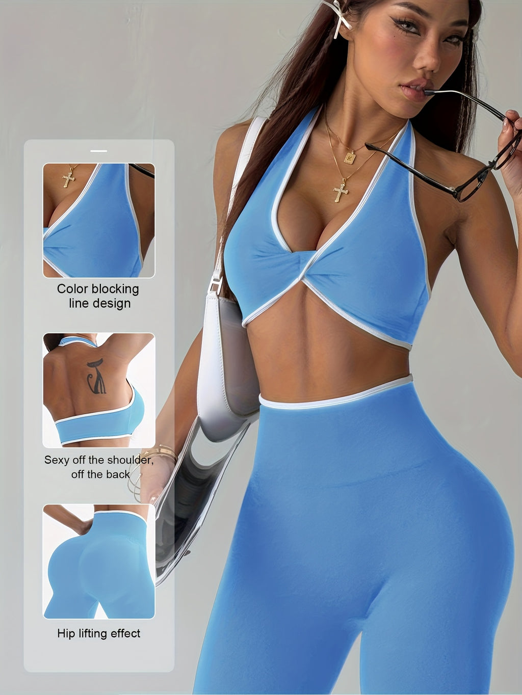 Conjunto de Yoga Esportivo Feminino Primavera-Verão com Sutiã e Calças Longas Modeladoras, Cintura Alta Levanta Bumbum Controle Abdominal, Leggings Sexy Sem Costuras sem Costas Branco Bordado para Uso Casual ao Ar Livre