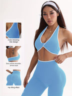 Conjunto de Yoga Esportivo Feminino Primavera-Verão com Sutiã e Calças Longas Modeladoras, Cintura Alta Levanta Bumbum Controle Abdominal, Leggings Sexy Sem Costuras sem Costas Branco Bordado para Uso Casual ao Ar Livre