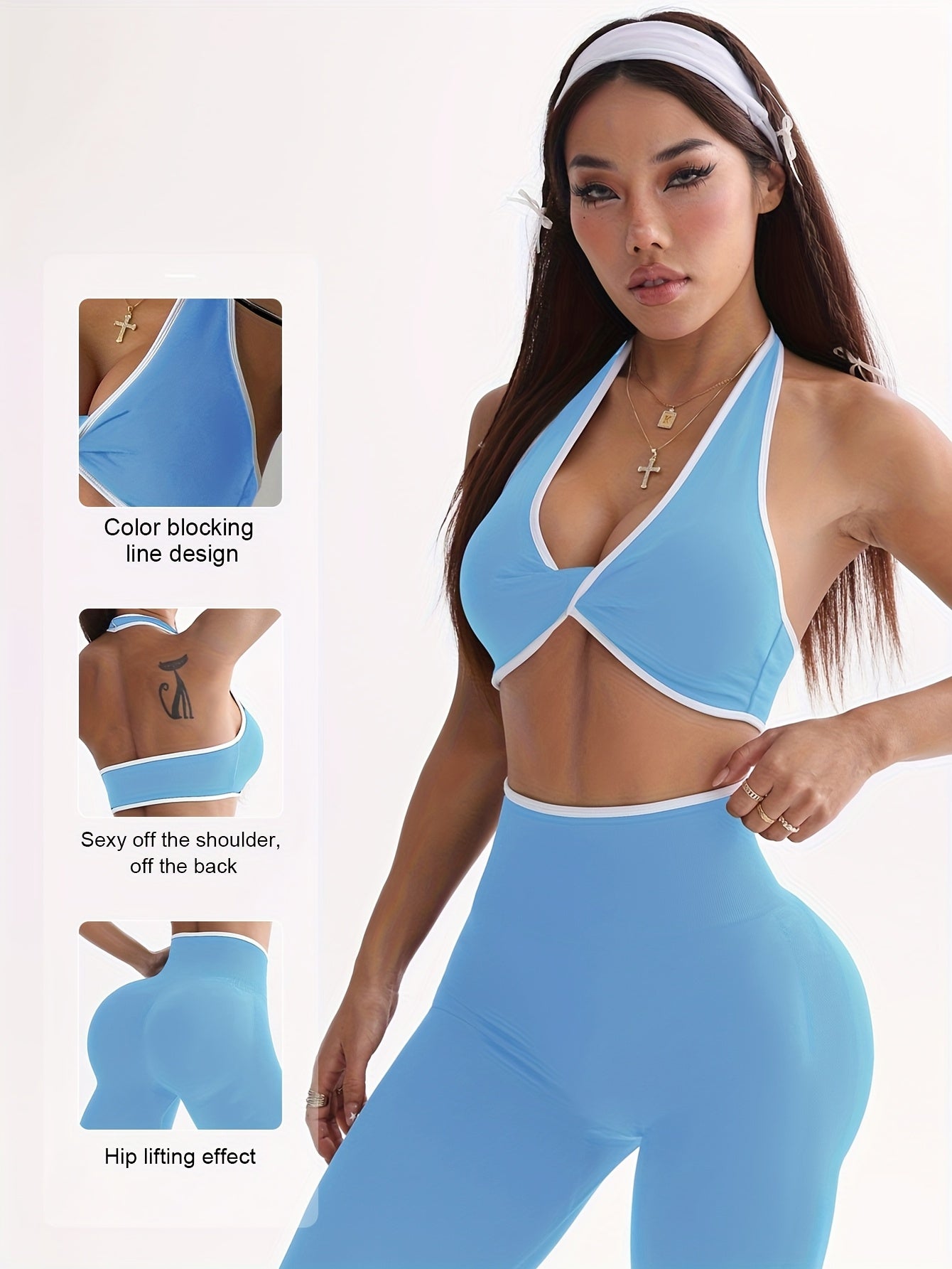 Conjunto de Yoga Esportivo Feminino Primavera-Verão com Sutiã e Calças Longas Modeladoras, Cintura Alta Levanta Bumbum Controle Abdominal, Leggings Sexy Sem Costuras sem Costas Branco Bordado para Uso Casual ao Ar Livre