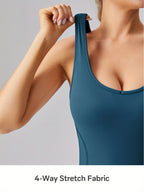 Macacão Esportivo Feminino Sem Mangas com Sutiã Removível e Almofada, Alta Elasticidade para Atividades ao Ar Livre (Preto Marrom Azul Escuro)