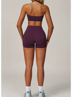 Conjunto de Roupa Esportiva de Yoga com Top Halter e Shorts Justos de Cintura Alta, 2 peças, Roupa de Treino de Fitness para Corrida e Ciclismo de Verão Feminina, Roupa de Ginástica Confortável Nude