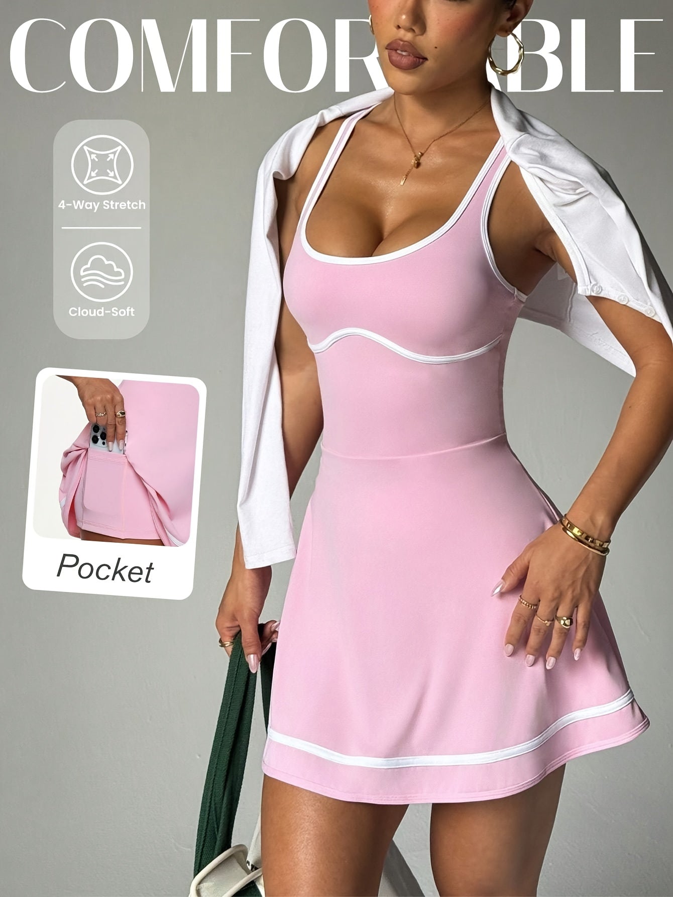 Conjunto de Saia Tênis Feminina Duas Peçes - Shorts Internos, Design Cruzado nas Costas, Ótimo Toque Macio e Elástico em Quatro Direções com Bolsos para Esportivo Casual