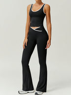 Conjunto de Colete Esportivo Casual + Calça Flare | Look Slim Fit para Yoga | Design com Detalhes Contrastantes | Conjunto Fitness Outono | Terno Casual com Gola Quadrada