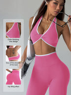 Conjunto de Yoga Esportivo Feminino Primavera-Verão com Sutiã e Calças Longas Modeladoras, Cintura Alta Levanta Bumbum Controle Abdominal, Leggings Sexy Sem Costuras sem Costas Branco Bordado para Uso Casual ao Ar Livre