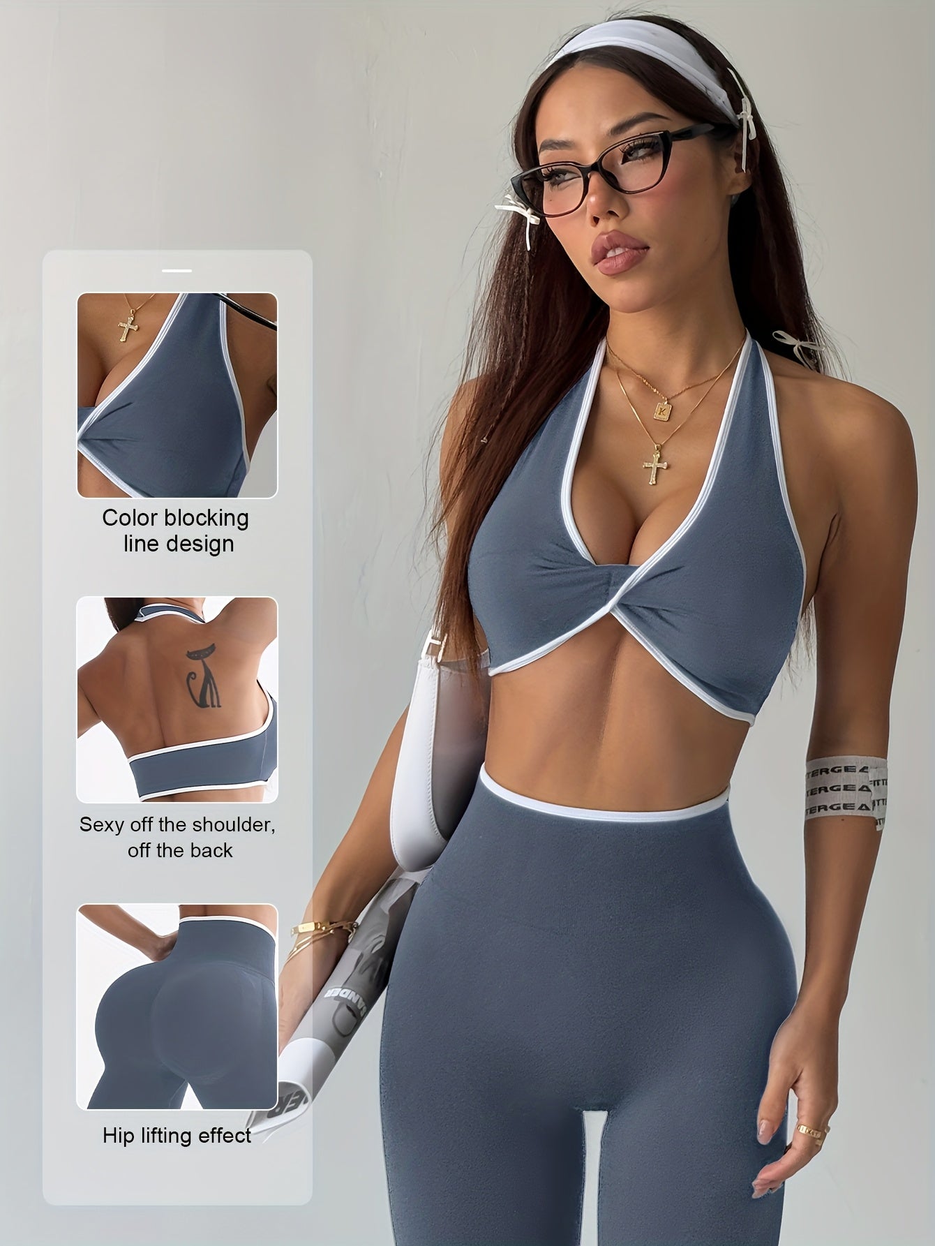 Conjunto de Yoga Esportivo Feminino Primavera-Verão com Sutiã e Calças Longas Modeladoras, Cintura Alta Levanta Bumbum Controle Abdominal, Leggings Sexy Sem Costuras sem Costas Branco Bordado para Uso Casual ao Ar Livre
