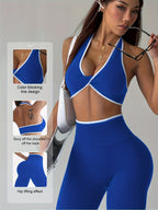 Conjunto de Yoga Esportivo Feminino Primavera-Verão com Sutiã e Calças Longas Modeladoras, Cintura Alta Levanta Bumbum Controle Abdominal, Leggings Sexy Sem Costuras sem Costas Branco Bordado para Uso Casual ao Ar Livre