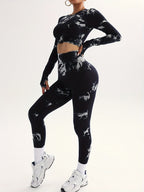 Conjunto de Desporto Modelador Tie-Dye de Alta Elasticidade e Formato para Mulher, 2 peças - Levanta Anca, Esculpir a Cintura, Correção do Core, Corte de Cintura Ultra Curto, Design Desportivo com Orifício para o Polegar