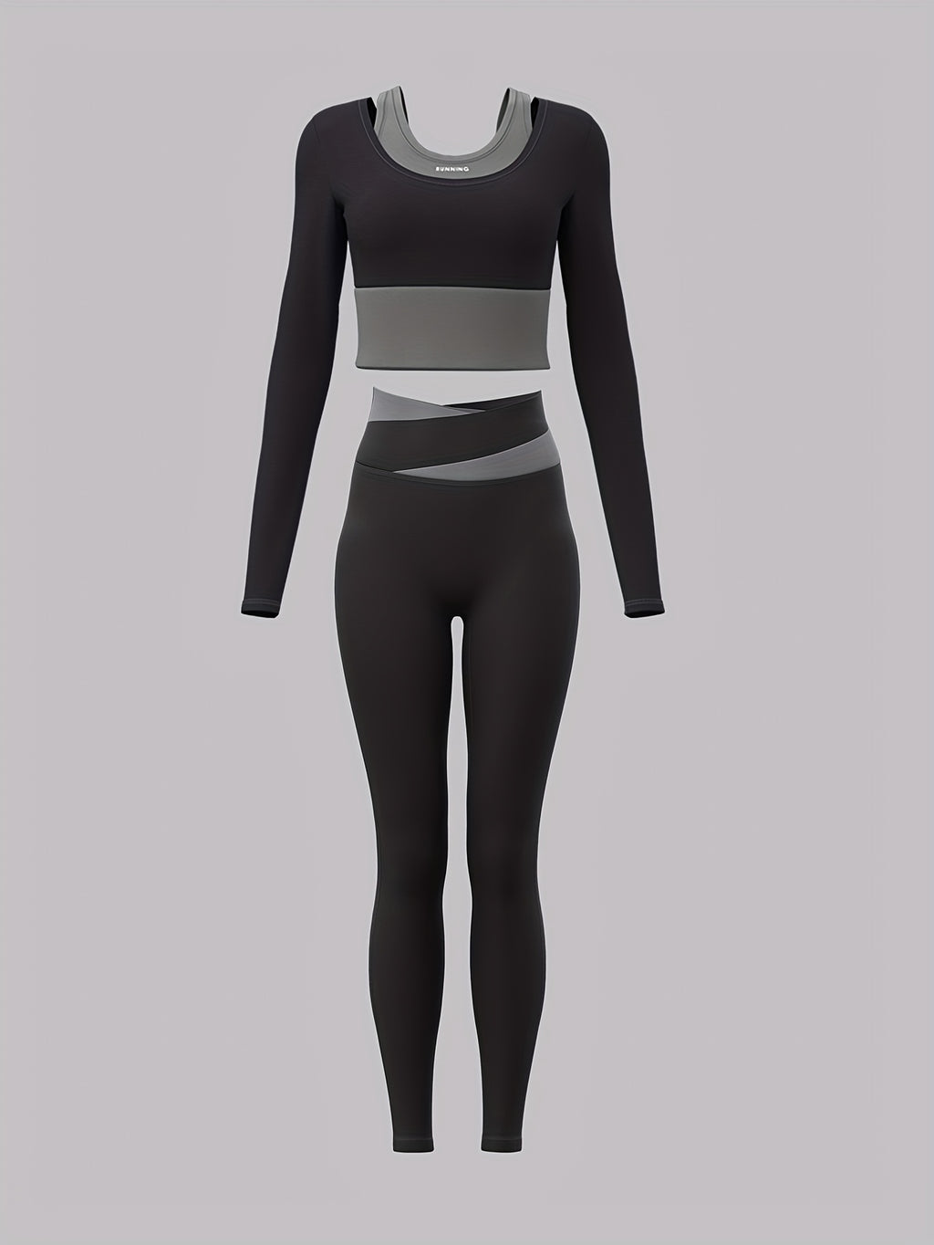 2 peças Conjunto esportivo feminino com design colorblock, mangas compridas e sutiã embutido + leggings combináveis - Ideal para ciclismo, fitness, yoga e corrida