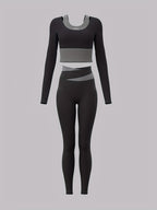 2 peças Conjunto esportivo feminino com design colorblock, mangas compridas e sutiã embutido + leggings combináveis - Ideal para ciclismo, fitness, yoga e corrida