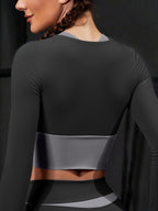 2 peças Conjunto esportivo feminino com design colorblock, mangas compridas e sutiã embutido + leggings combináveis - Ideal para ciclismo, fitness, yoga e corrida