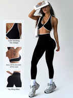 Conjunto de Yoga Esportivo Feminino Primavera-Verão com Sutiã e Calças Longas Modeladoras, Cintura Alta Levanta Bumbum Controle Abdominal, Leggings Sexy Sem Costuras sem Costas Branco Bordado para Uso Casual ao Ar Livre