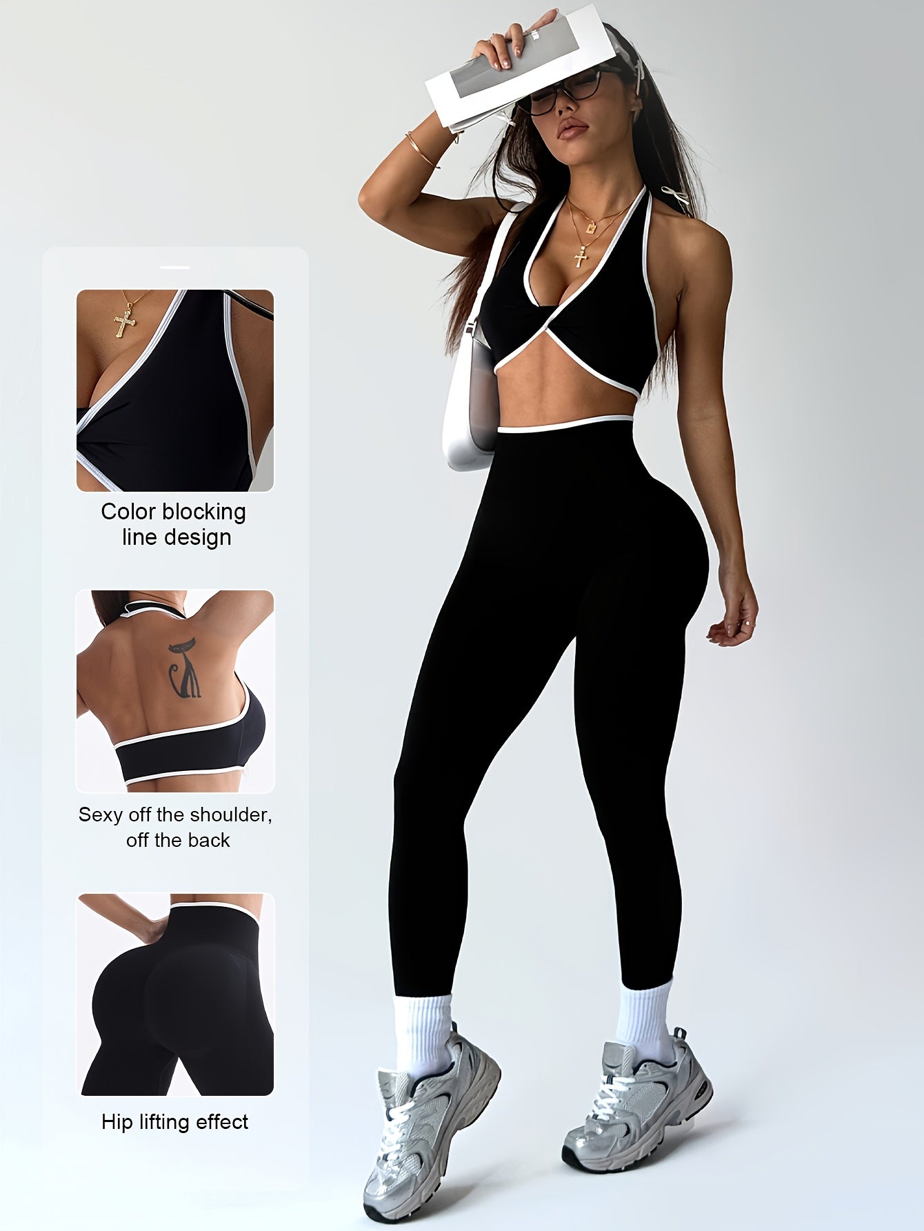 Conjunto de Yoga Esportivo Feminino Primavera-Verão com Sutiã e Calças Longas Modeladoras, Cintura Alta Levanta Bumbum Controle Abdominal, Leggings Sexy Sem Costuras sem Costas Branco Bordado para Uso Casual ao Ar Livre