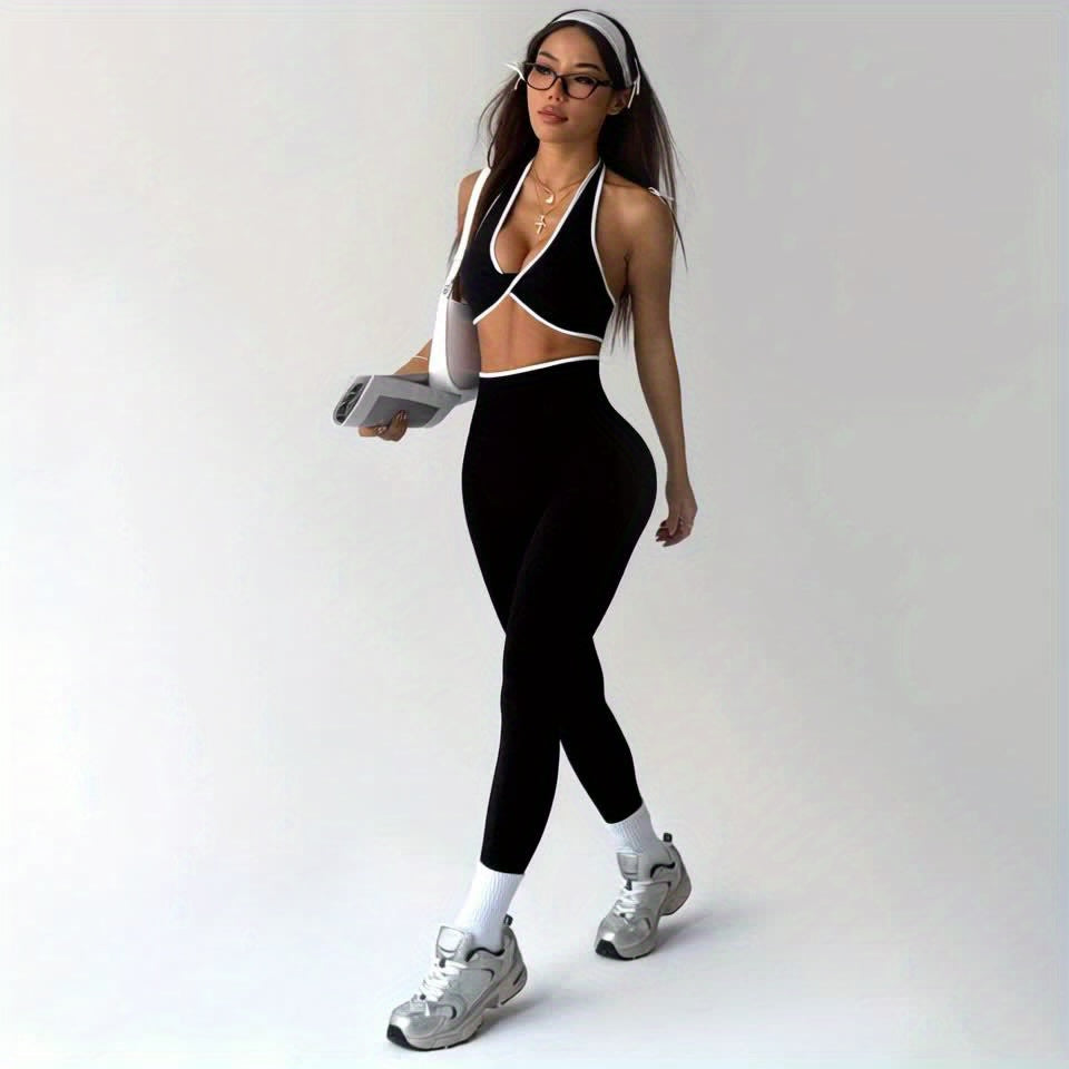Conjunto de Yoga Esportivo Feminino Primavera-Verão com Sutiã e Calças Longas Modeladoras, Cintura Alta Levanta Bumbum Controle Abdominal, Leggings Sexy Sem Costuras sem Costas Branco Bordado para Uso Casual ao Ar Livre