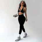 Conjunto de Yoga Esportivo Feminino Primavera-Verão com Sutiã e Calças Longas Modeladoras, Cintura Alta Levanta Bumbum Controle Abdominal, Leggings Sexy Sem Costuras sem Costas Branco Bordado para Uso Casual ao Ar Livre