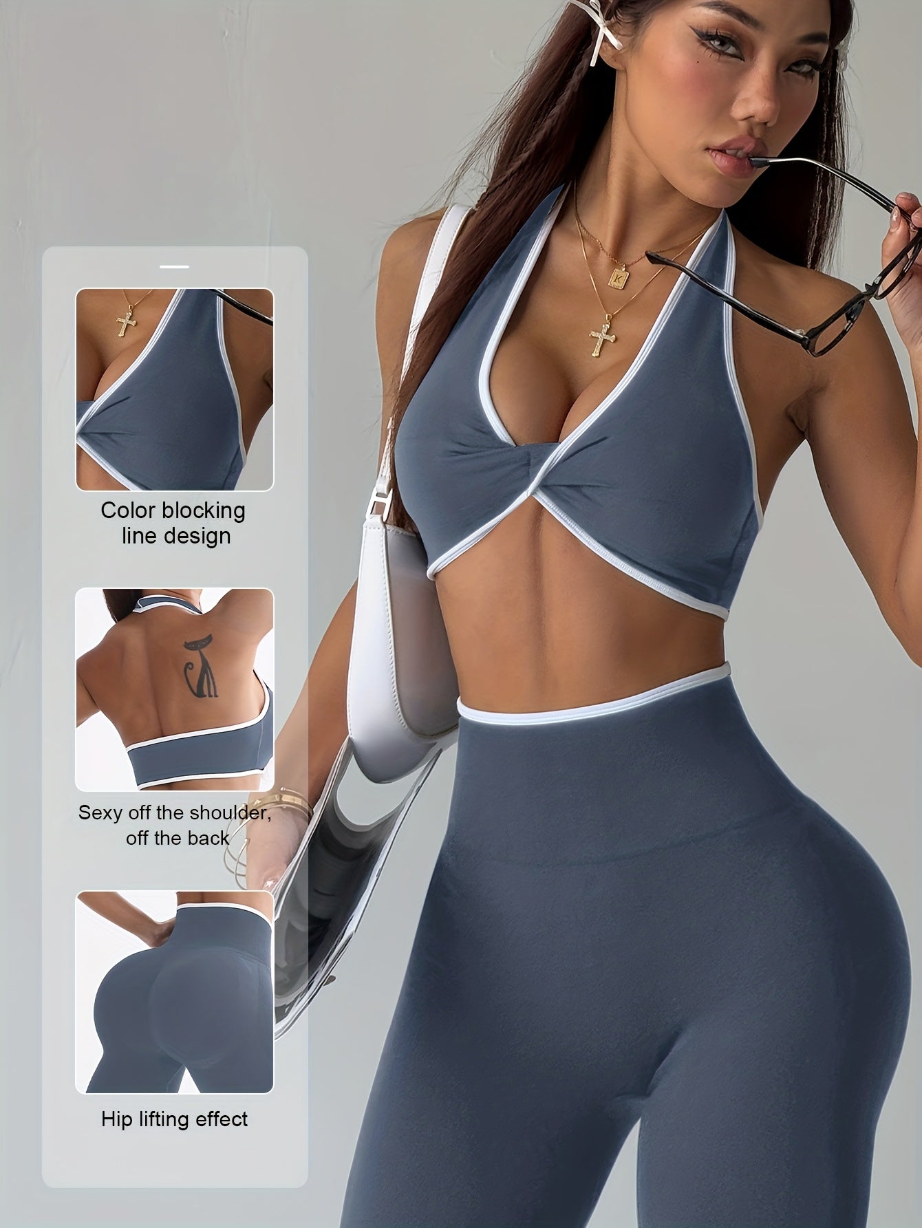Conjunto de Yoga Esportivo Feminino Primavera-Verão com Sutiã e Calças Longas Modeladoras, Cintura Alta Levanta Bumbum Controle Abdominal, Leggings Sexy Sem Costuras sem Costas Branco Bordado para Uso Casual ao Ar Livre