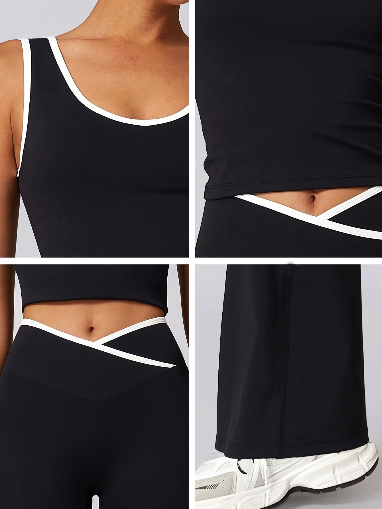 Conjunto de Colete Esportivo Casual + Calça Flare | Look Slim Fit para Yoga | Design com Detalhes Contrastantes | Conjunto Fitness Outono | Terno Casual com Gola Quadrada