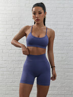 Conjunto de fitness de cor sólida, 2 peças, soutien desportivo e leggings de corrida de cintura alta para levantar o bumbum, roupa desportiva feminina