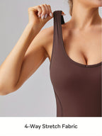 Macacão Esportivo Feminino Sem Mangas com Sutiã Removível e Almofada, Alta Elasticidade para Atividades ao Ar Livre (Preto Marrom Azul Escuro)