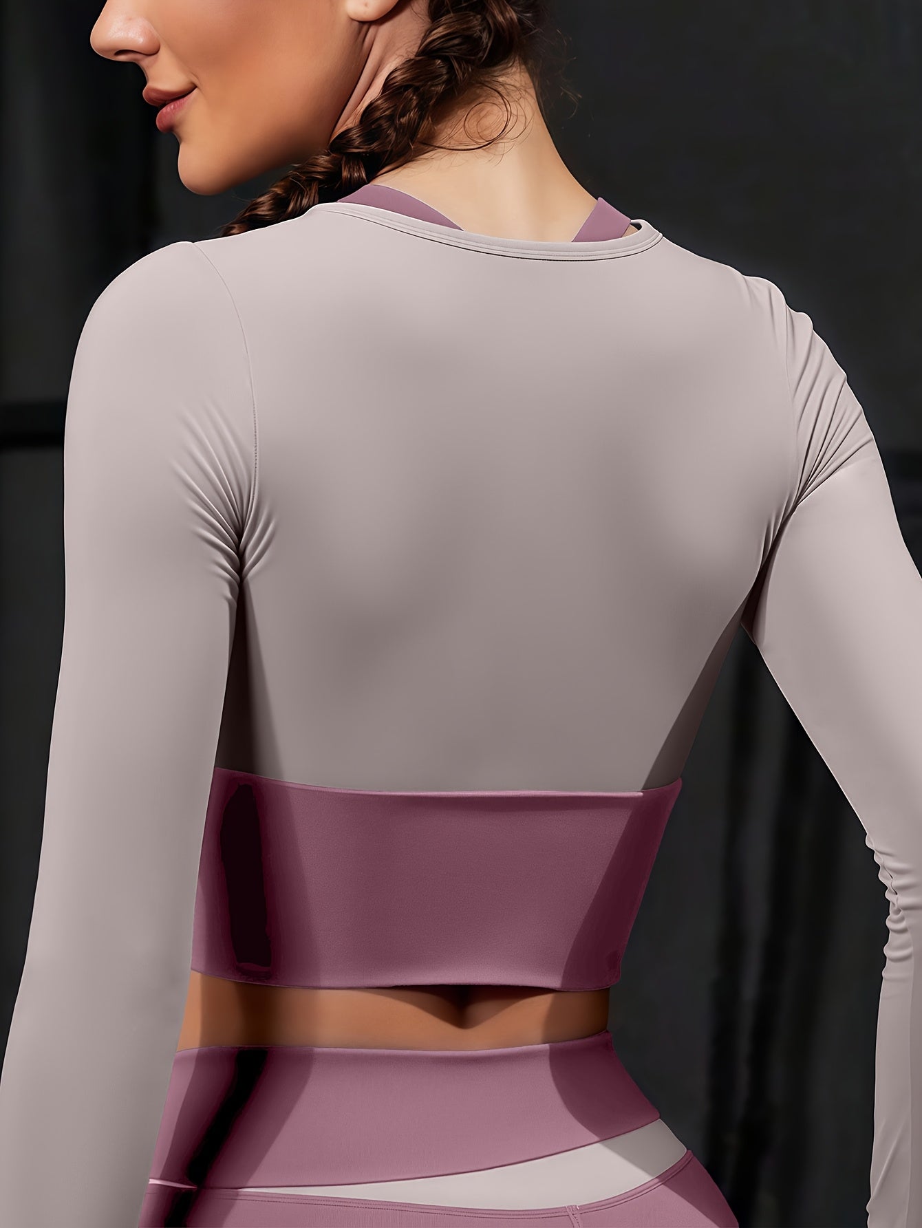 2 peças Conjunto esportivo feminino com design colorblock, mangas compridas e sutiã embutido + leggings combináveis - Ideal para ciclismo, fitness, yoga e corrida