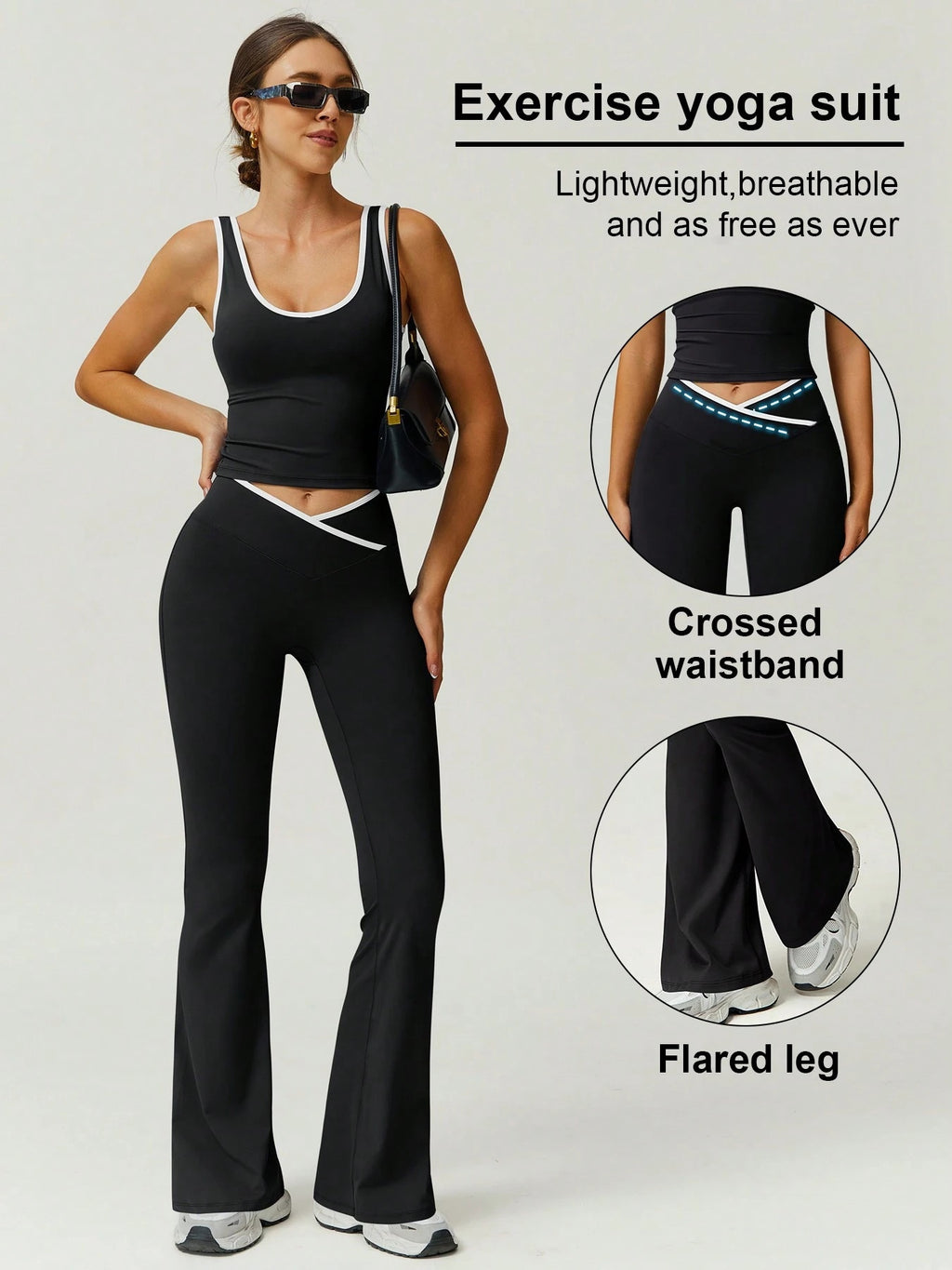 Conjunto de Colete Esportivo Casual + Calça Flare | Look Slim Fit para Yoga | Design com Detalhes Contrastantes | Conjunto Fitness Outono | Terno Casual com Gola Quadrada