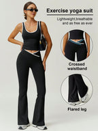 Conjunto de Colete Esportivo Casual + Calça Flare | Look Slim Fit para Yoga | Design com Detalhes Contrastantes | Conjunto Fitness Outono | Terno Casual com Gola Quadrada