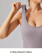 Macacão Esportivo Feminino Sem Mangas com Sutiã Removível e Almofada, Alta Elasticidade para Atividades ao Ar Livre (Preto Marrom Azul Escuro)