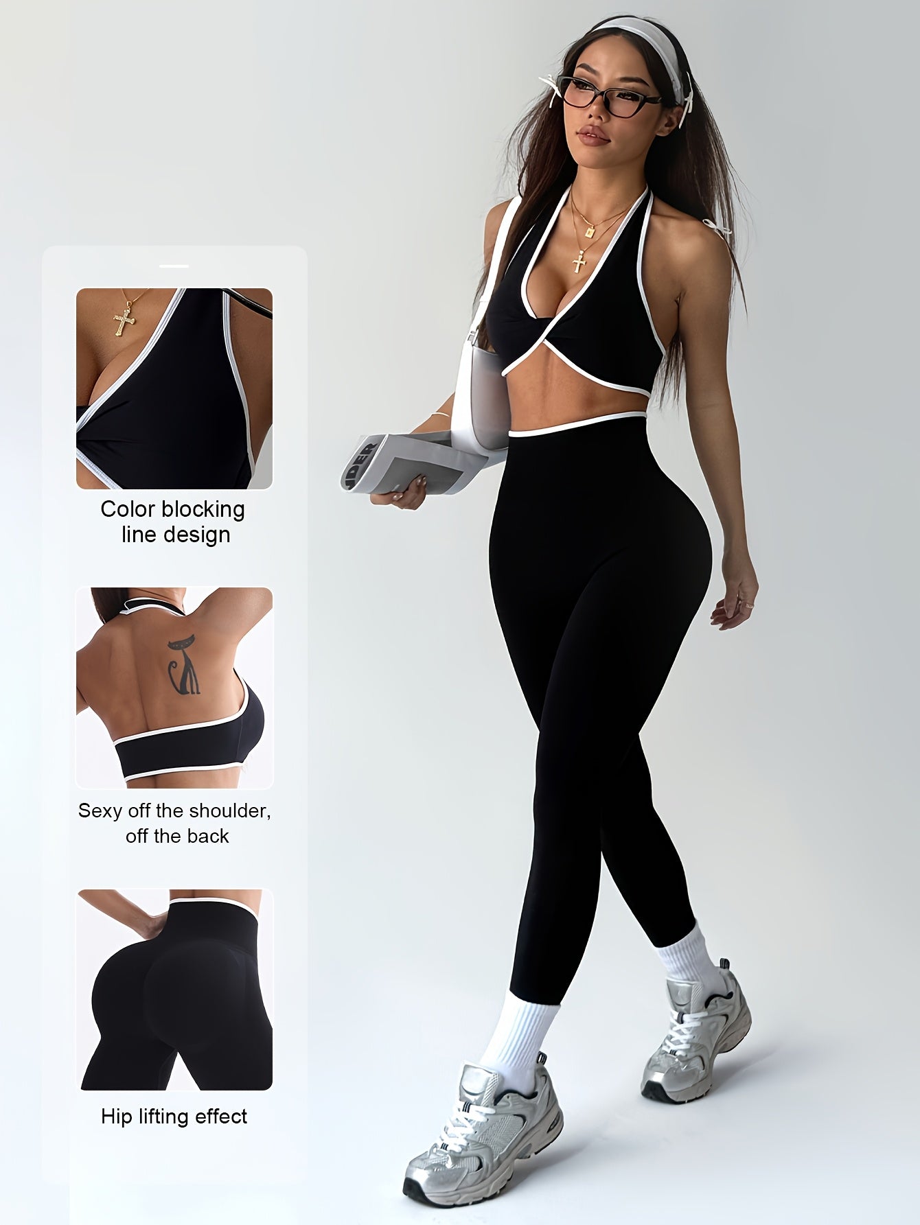 Conjunto de Yoga Esportivo Feminino Primavera-Verão com Sutiã e Calças Longas Modeladoras, Cintura Alta Levanta Bumbum Controle Abdominal, Leggings Sexy Sem Costuras sem Costas Branco Bordado para Uso Casual ao Ar Livre