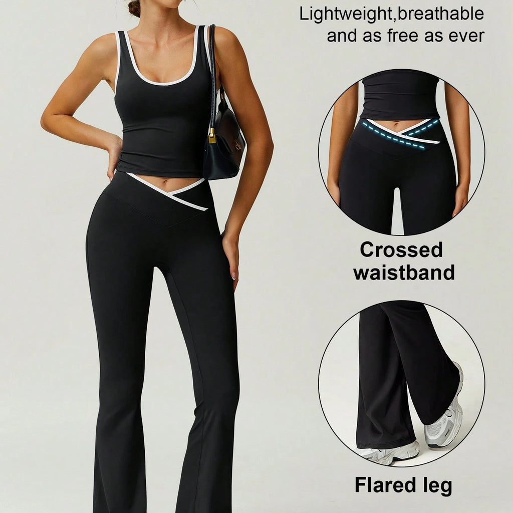 Stylish Sports Vest and Flare Pants Set for Yoga
