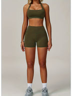 Conjunto de Roupa Esportiva de Yoga com Top Halter e Shorts Justos de Cintura Alta, 2 peças, Roupa de Treino de Fitness para Corrida e Ciclismo de Verão Feminina, Roupa de Ginástica Confortável Nude