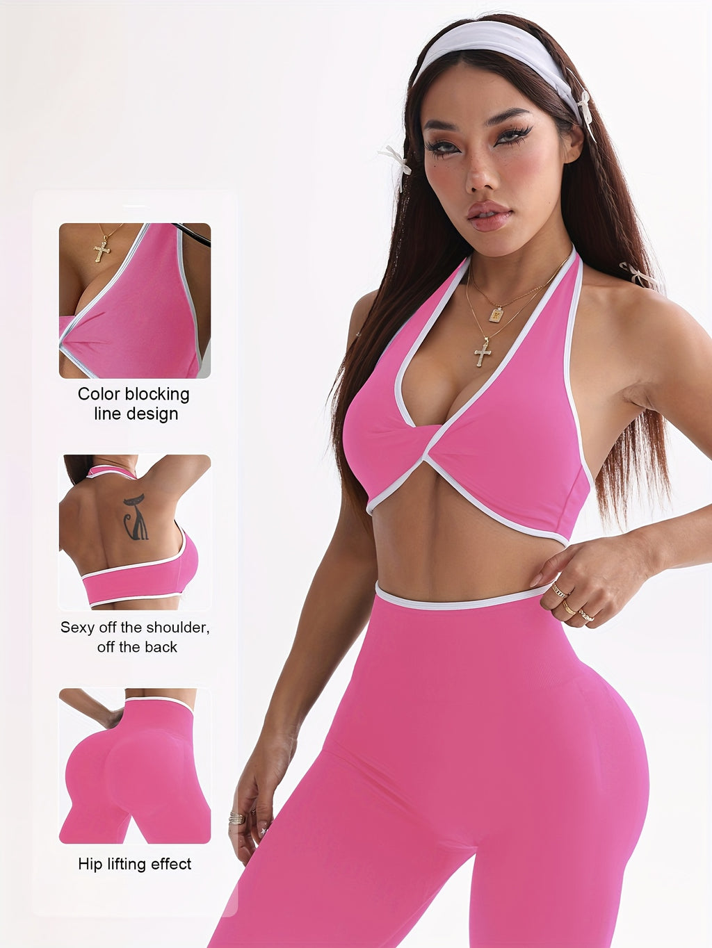 Conjunto de Yoga Esportivo Feminino Primavera-Verão com Sutiã e Calças Longas Modeladoras, Cintura Alta Levanta Bumbum Controle Abdominal, Leggings Sexy Sem Costuras sem Costas Branco Bordado para Uso Casual ao Ar Livre