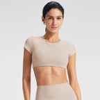 NCLAGEN Women's Yoga T-shirt Short Sleeves Built-in Bra Backless Fitness Top Beautiful Back Gym Clothes Form-fitting Running Tee