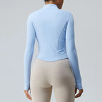 Gym Shirt Women's Full Zipper Yoga Top With Thumbholes Fitness Running Jacket Stretch Fit Long Sleeve Round Neck Top Sportswear