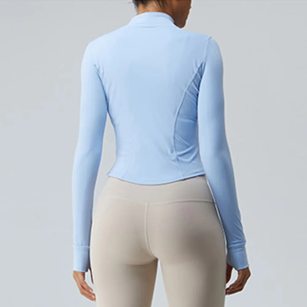 Gym Shirt Women's Full Zipper Yoga Top With Thumbholes Fitness Running Jacket Stretch Fit Long Sleeve Round Neck Top Sportswear