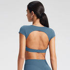 NCLAGEN Women's Yoga T-shirt Short Sleeves Built-in Bra Backless Fitness Top Beautiful Back Gym Clothes Form-fitting Running Tee