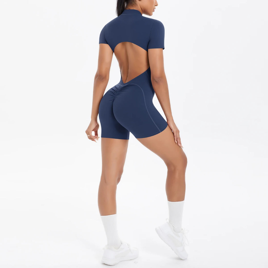 Short Sleeve Backless Zip Romper