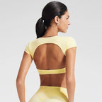 NCLAGEN Women's Yoga T-shirt Short Sleeves Built-in Bra Backless Fitness Top Beautiful Back Gym Clothes Form-fitting Running Tee