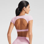 NCLAGEN Women's Yoga T-shirt Short Sleeves Built-in Bra Backless Fitness Top Beautiful Back Gym Clothes Form-fitting Running Tee