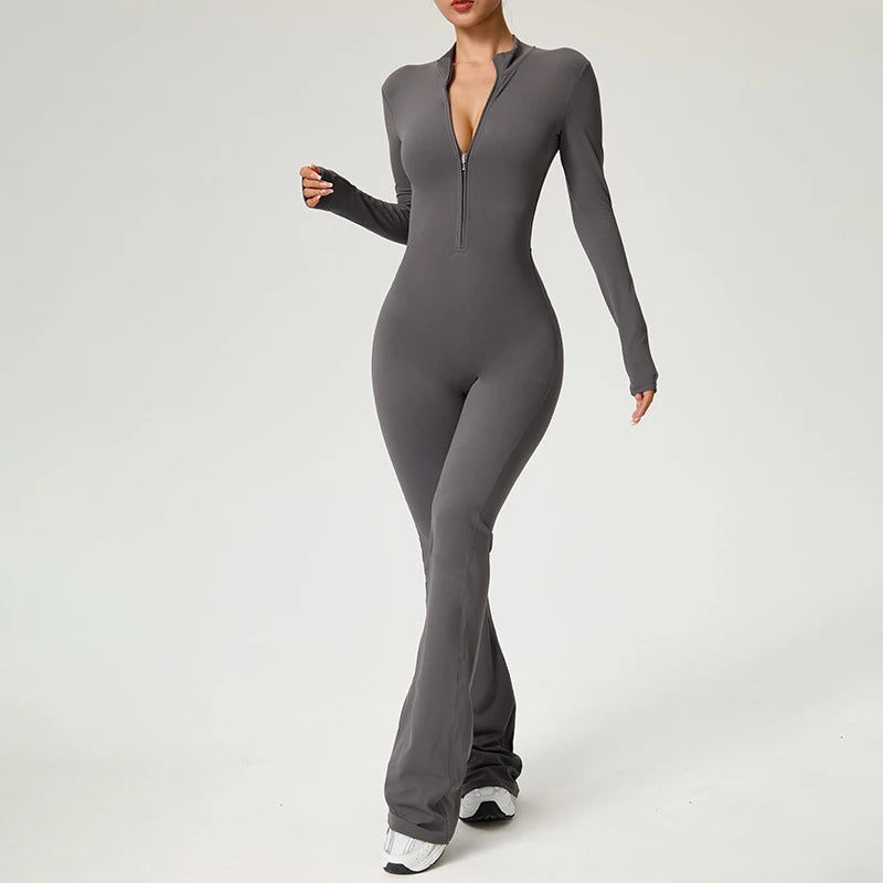 Zip Front Long Sleeve Flare Jumpsuit