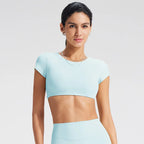 NCLAGEN Women's Yoga T-shirt Short Sleeves Built-in Bra Backless Fitness Top Beautiful Back Gym Clothes Form-fitting Running Tee